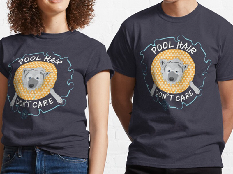 POOL HAIR, DON'T CARE T-SHIRT. FEATURING DOG WITH DRIPPING FUR IN AN INFLATABLE SWIMMING RING